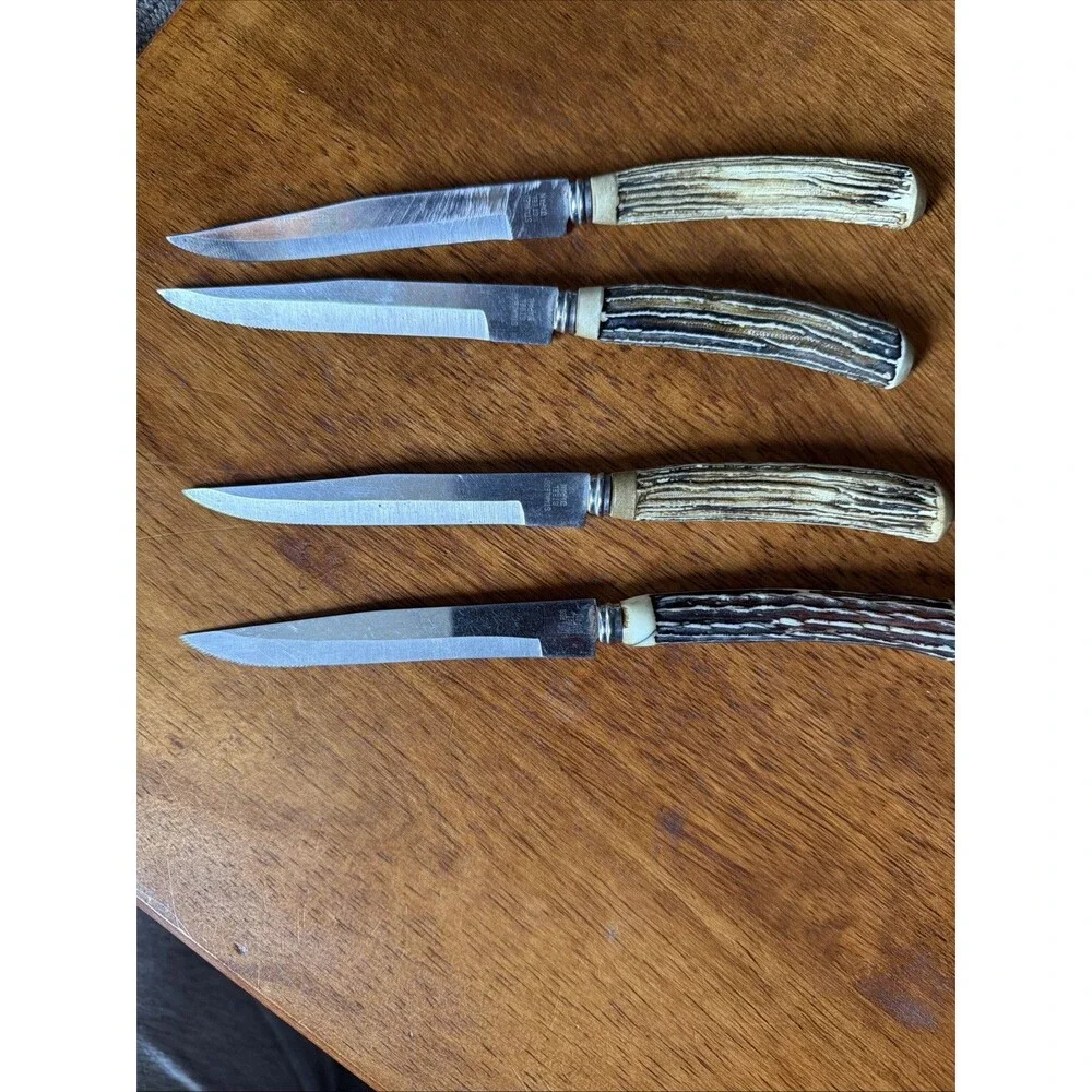 Stainless Steel Blade Steak Knives Faux Stag Horn Antler Handles Japan Set of 4